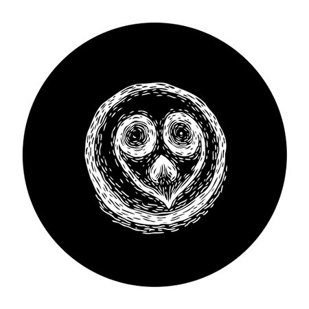 Stylized owl illustration within a black circle. It's a handmade and artistic design, suitable for projects seeking a whimsical touch.のイラスト素材