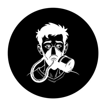 An illustration depicting a concerned man wearing a gas mask on a black background. The image evokes themes of safety, pollution, and environmental awareness.のイラスト素材