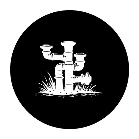 A simple, impactful image featuring a white plumbing structure illustration set against a solid black background, accented with a small artistic graphic grass illustration.のイラスト素材