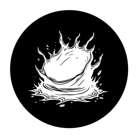 A striking monochrome illustration captures the essence of a dynamic water splash, set against a dark circular background, emphasizing artistic interpretation.のイラスト素材