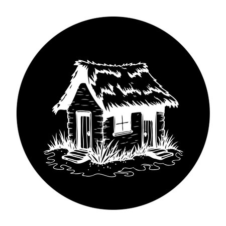 A simple illustration of a rustic house with a thatched roof, evokes a sense of charm, and an escape to rural life.のイラスト素材