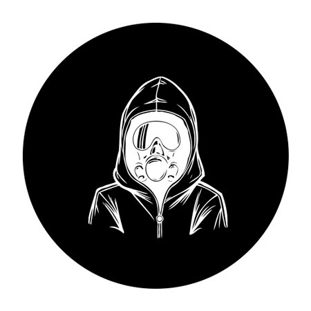 A minimalist black and white illustration depicts a hooded figure wearing a gas mask against a solid black circular backdrop creating a striking and mysterious visualのイラスト素材