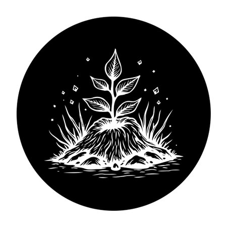 An illustration of a young plant growing out of the soil. Symbolizing new life, growth, hope, and renewal. The illustration has a drawing style in black and white colors.のイラスト素材