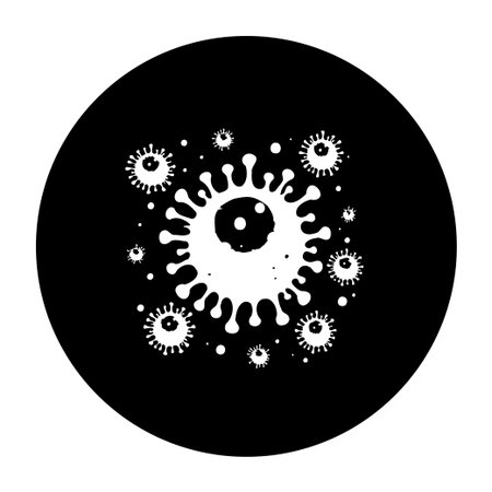 A conceptual illustration representing the coronavirus COVID-19 in white on a black background. It...