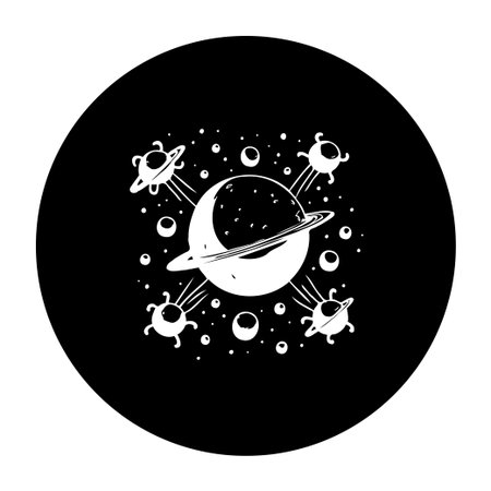 A playful black and white illustration depicts a scene of ufos abducting planets, creating a whimsical representation of outer space phenomena and extraterrestrial encounters.のイラスト素材