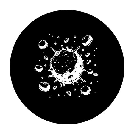 Illustration of a virus cell with spike proteins surrounded by particles, ideal for illustrating...
