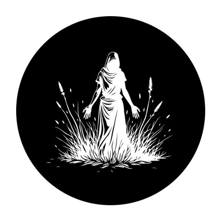 A veiled figure stands amidst glowing plants, creating a mystical and ethereal atmosphere. The monochrome silhouette evokes a sense of mystery and enchantment.のイラスト素材