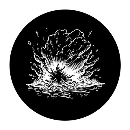 A black and white illustration depicts a volcano erupting, with smoke and lava spewing. The image captures the powerful and destructive nature of a volcanic eruption.のイラスト素材