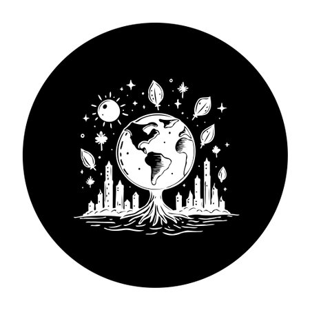 Detailed black and white illustration of earth globe with roots buildings leaves sun and stars within a black circle, representing nature and sustainable worldのイラスト素材
