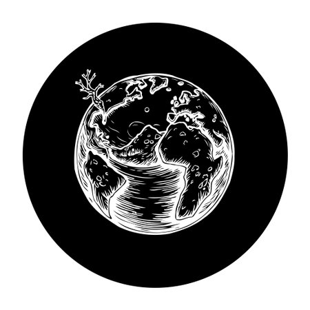A striking monochrome illustration of the Earth, featuring a dying tree symbolizing environmental challenges. This image represents global sustainability and the urgent need for environmental awareness and conservation.のイラスト素材