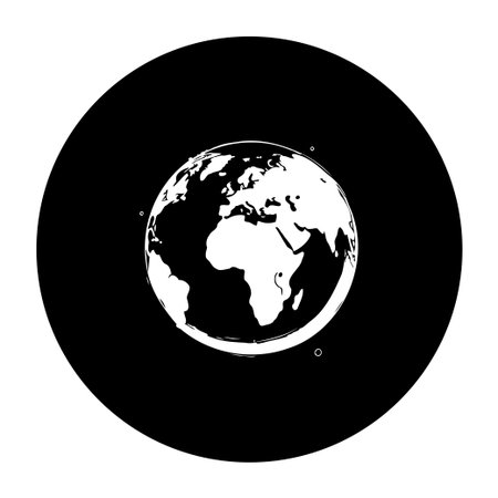 A black and white globe illustration against a black background symbolizes worldwide connectivity. This image features continents and simple design elementsのイラスト素材
