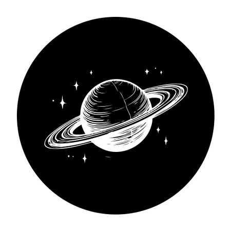 This is a creative illustration of planet saturn with a ring system. Surrounded by stars on black background. Perfect for science, astrology, education and creative projects.のイラスト素材