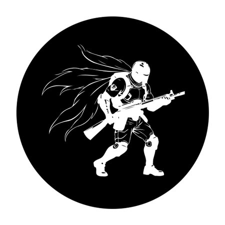 A futuristic bounty hunter is depicted in white against a black background, evoking themes of science fiction and action. The illustration shows a strong and armed soldier.のイラスト素材