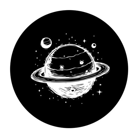 Minimalistic vector illustration of a celestial planet surrounded by stars on a dark background. This simple and monochrome design captures the essence of space and fantasy.のイラスト素材