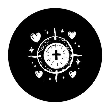 This graphic design features a Christian cross at the center of a circle surrounded by hearts and stars. The black background gives it an elegant and spiritual feel.のイラスト素材