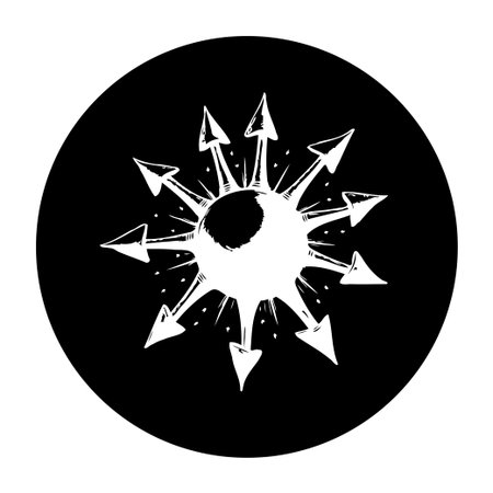 A visual representation of chaos theory, showcasing the unpredictable nature of systems through radiating arrows. This abstract illustration symbolizes complexity and uncertainty.のイラスト素材