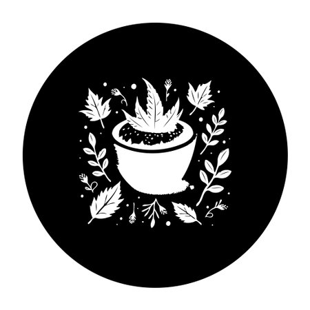 A captivating black and white illustration showcasing a potted plant surrounded by various leaves, creating a harmonious botanical design. Ideal for adding a touch of natural elegance.のイラスト素材