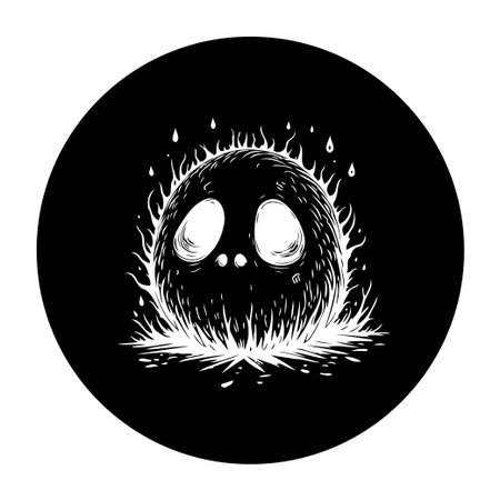 A stylized cartoonish orb with large, luminous eyes and a halo of fire set against a dark backdrop, creating a spooky and surreal impression.のイラスト素材