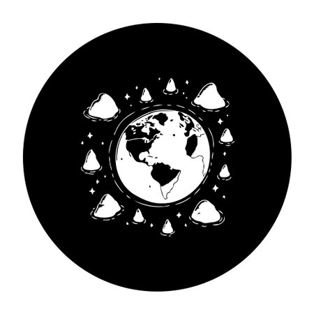 The image showcases a black and white illustration of the earth, surrounded by clouds and stars, creating a visually appealing design.のイラスト素材