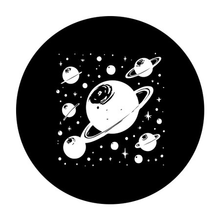 This is a stylized vector illustration of planets and stars in space, perfect for astronomy or science-themed projects. The design is clean and simple, suitable for various creative purposes.のイラスト素材