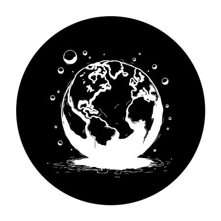Monochromatic illustration of the Earth melting with bubbles around it, symbolizing the consequences of global warming. A powerful visual representation of climate change and environmental issues.のイラスト素材