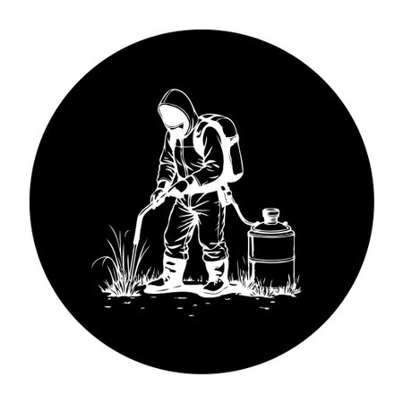 A vector silhouette illustration of a person wearing a protective suit, spraying pesticides on grass with specialized equipment for pest control.のイラスト素材