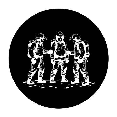 Three firefighters are shown standing side by side, they are holding each other's hands, representing teamwork, support, and solidarity in the face of danger.のイラスト素材
