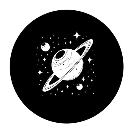 Monochrome vector illustration of a planet with rings in space surrounded by stars and moons. Simple design for kids and anyone who loves astronomy.のイラスト素材