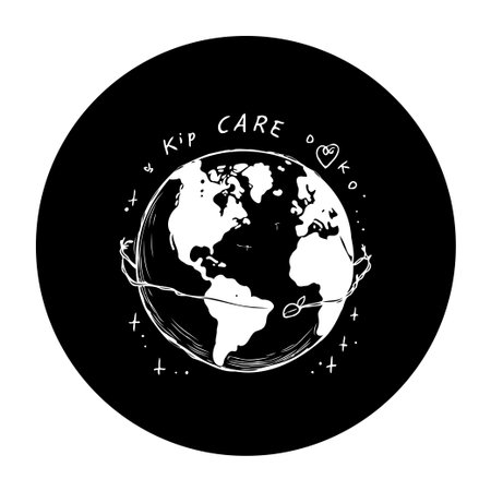 A hand-drawn, stylized monochrome illustration featuring the Earth, symbolizing global care and environmental responsibility. Whimsical details enhance the message of sustainability for future generations.のイラスト素材