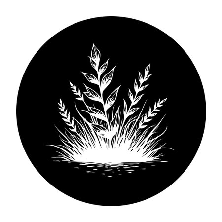 A striking minimalist illustration depicts plants and grass in black and white within a circular frame, emphasizing nature's simple beauty.のイラスト素材
