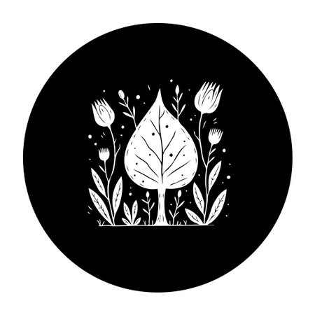 A minimalist botanical illustration presents a central leaf surrounded by flowers on a black backdrop. The white lines create a striking contrast, ideal for nature-themed designs.のイラスト素材