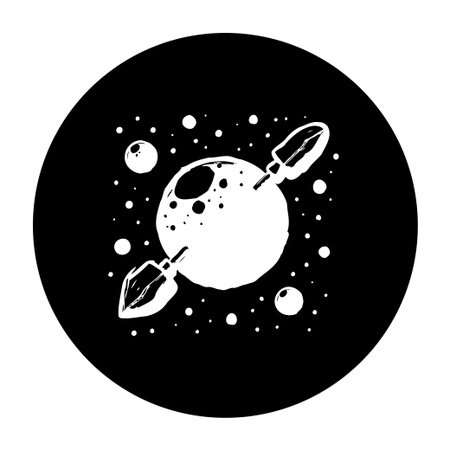 A minimalist illustration features a planet and rockets, surrounded by stars, all set within a circular frame. Perfect for space-themed creative projects and designs.のイラスト素材