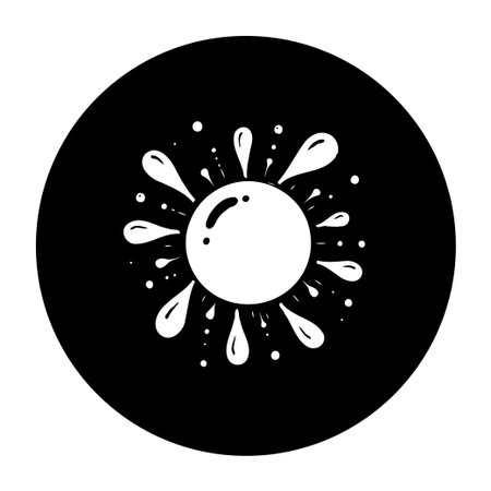 A black and white vector illustration of an abstract splatter design, featuring a central circle surrounded by droplets and splashes.のイラスト素材