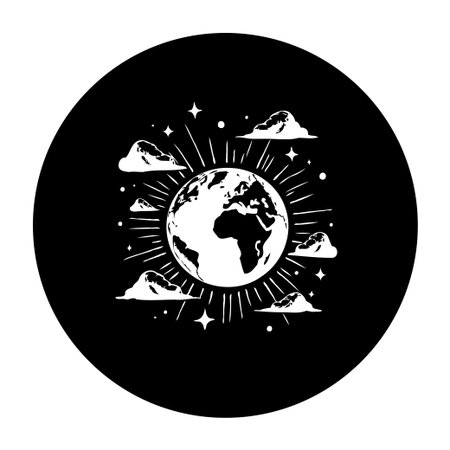 A black and white illustration depicts the Earth surrounded by clouds and stars. This simple design suggests a world of fantasy, space exploration, and dreamy travel.のイラスト素材