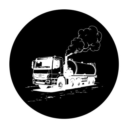 A striking monochrome image of a tanker truck emitting smoke, set against a black circular background. This image conveys themes of industry and transportation.のイラスト素材
