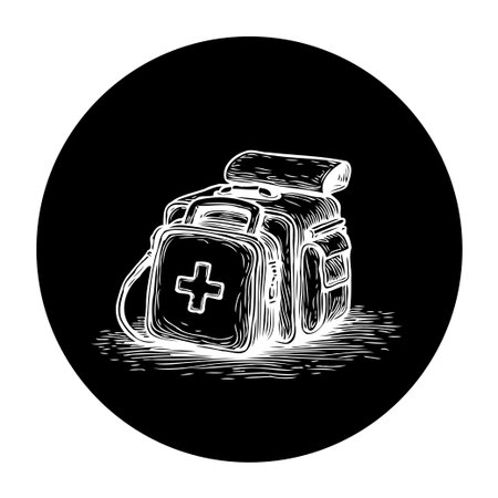 A hand-drawn vector illustration of a first aid kit on a black background, perfect for medical or emergency-related designs, with treatment symbolのイラスト素材