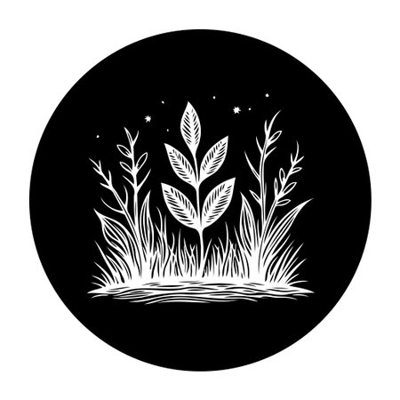 A minimalistic black and white botanical illustration showcasing a plant with leaves surrounded by grass inside a circle creating a serene and elegant design.のイラスト素材