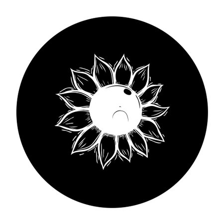 A monochrome illustration showcases a stylized sunflower with a sad face, expressing a sense of emotional distress and botanical melancholy.のイラスト素材