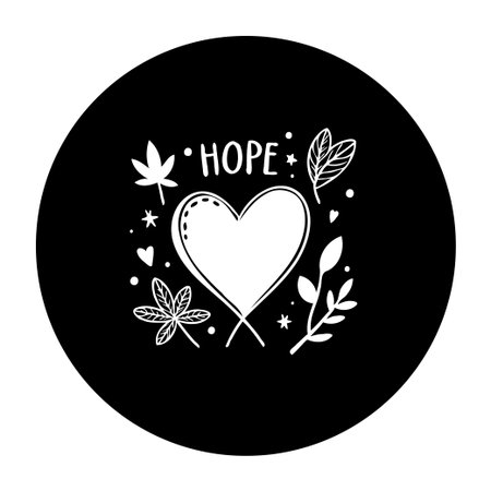 This minimalist black and white illustration features a heart shape surrounded by various leaves and the word 'hope'. Ideal for expressing love, nature, and positive feelings in a simple and artistic way.のイラスト素材