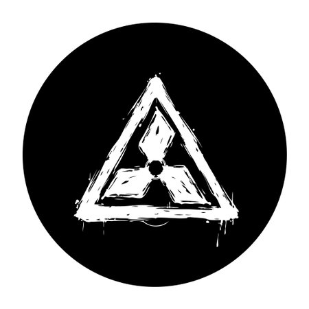 A distressed radiation symbol set against a black circle conveys a sense of danger and caution. It's a visual representation of radioactive hazards and pollution.のイラスト素材