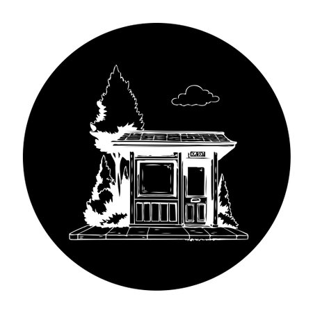Minimalist black and white illustration depicting a bus stop shelter with trees and a cloud. Ideal for designs needing a simple, urban aesthetic.のイラスト素材