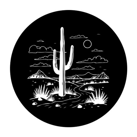 This monochrome illustration portrays a desert landscape with a saguaro cactus against a mountain range. The scene is stylized with a road, clouds, and simple details, rendered in black and white to create a minimal scenic view.のイラスト素材