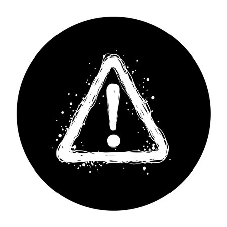 A hand-drawn style warning sign, featuring a triangle with an exclamation mark inside a black circle, signaling danger or attention.のイラスト素材