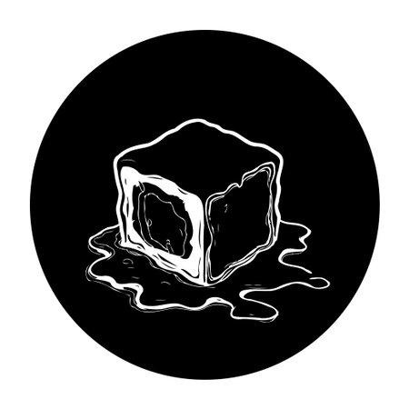 A minimalist illustration shows an ice cube melting within a black circle. Its simple design focuses on the contrast between the solid cube and the flowing water.のイラスト素材