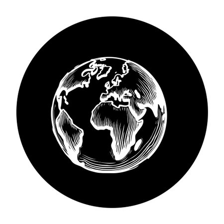 This monochromatic illustration features a vintage etching of the earth, ideal for projects focusing on global awareness, environmental issues, and geographic exploration. The design evokes a classic aesthetic.のイラスト素材