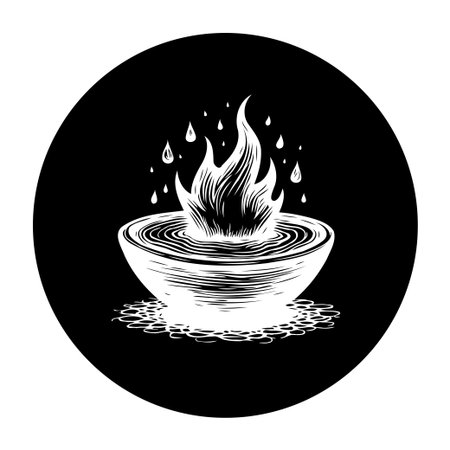 Engraving style illustration of a bowl filled with water and fire, creating a captivating contrast. Ideal for representing themes of balance, transformation, and spiritual concepts.のイラスト素材