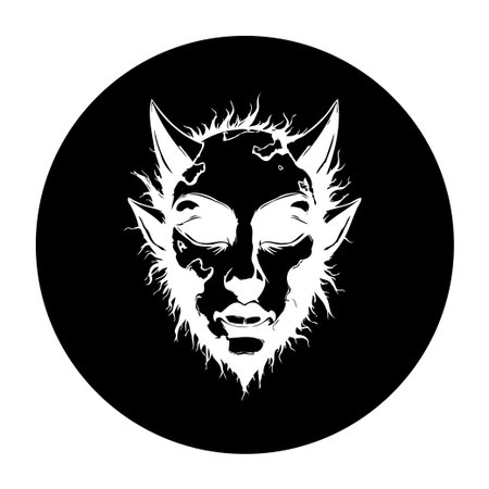 A black and white illustration depicting a demonic creature with horns and a haunting expression, set against a solid black background.のイラスト素材