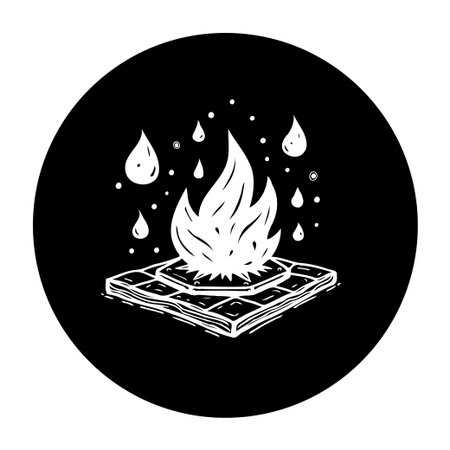 A striking illustration features a stylized white flame rising from a tiled surface, contrasted against a solid black background. Water droplets add a contrasting element.のイラスト素材