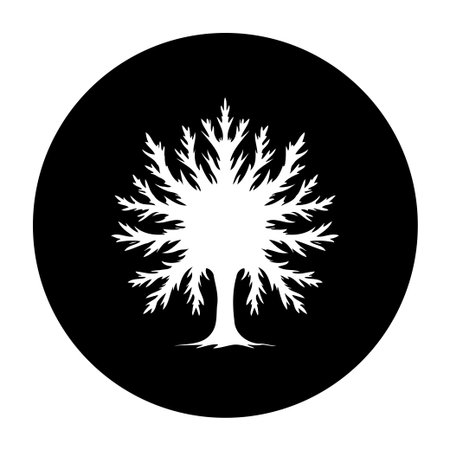 This image features a clean and elegant silhouette of a tree, rendered in white against a solid black circular background. The design evokes nature, simplicity, and graphic artistry.のイラスト素材