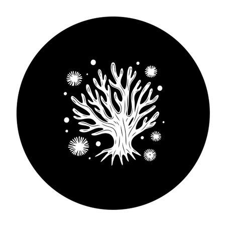 A minimalist and stylized illustration featuring a white tree or coral-like shape surrounded by starbursts, set against a solid black circular background. Ideal for graphic design and branding purposes.のイラスト素材